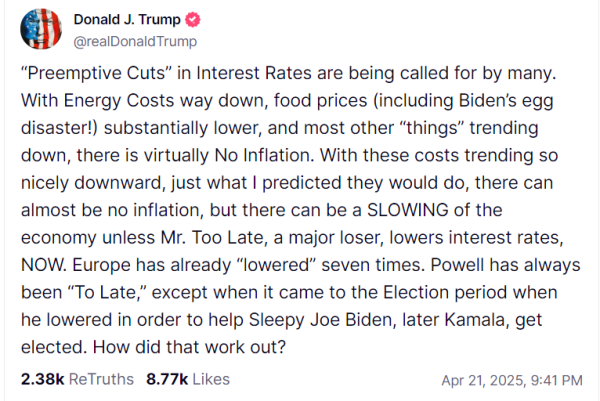 卓信宝 特朗普警告：如果鲍威尔不立即降息 美国经济可能会放缓